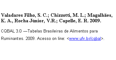 Text Box: Valadares Filho, S. C.; Chizzotti, M. L.; Magalhes, K. A., Rocha Jnior, V.R.; Capelle, E. R. 2009.CQBAL 3.0 Tabelas Brasileiras de Alimentos para Ruminantes. 2009. Acesso on line: <www.ufv.br/cqbal>.